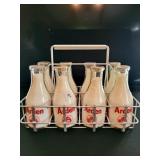 METAL MILK MAN CARRY TOTE W/8 ARDEN 1 QUART GLASS