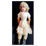 BISQUE HEAD, CLOTH BODY, LEATHER ARMS ANTIQUE DOLL