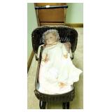 ANTIQUE WICKER DOLL CARRIAGE (SOME DAMAGE) AND
