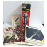 GROUPING: TRAVEL THERMOS AND BOOKS