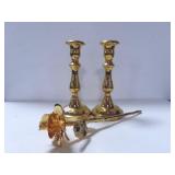 PAIR CERAMIC CANDLESTICKS AND GOLDEN ROSE