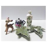 GROUPING: VASE, BAMBI, LEAF DISHES, MUSTARD POT