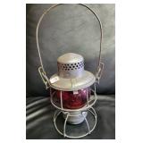 RAILROAD LANTERN W/RED GLASS GLOBE