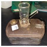 TIN OIL LAMP WITH PYREX GLASS CHIMNEY
