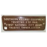 SOUTHERN RAILWAY EQUIP. TRUST METAL PLAQUE