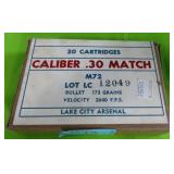LAKE CITY ARSENAL - 1961 MATCH - .30 MATCH AMMUNIT