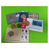 4 FIRST DAY COVERS WITH MEDALS, MONEY CLIP