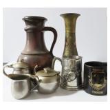 GROUPING: SILVER PLATE ITEMS, CERAMICS AND BRASS