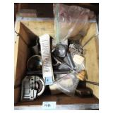 WOODEN BOX WITH GUN PARTS, TOOLS, ETC.