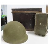 3 TIN BOXES AND ARMY HELMET LINER