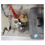 VINTAGE METAL FOLD OPEN BOX, CROCK JUG, VINTAGE