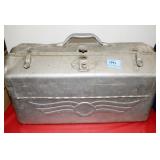 METAL TACKLE BOX WITH REELS, HOOKS AND NEW OLD