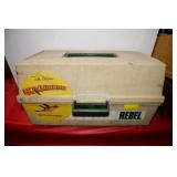 REBEL TACKLE BOX WITH 3 REELS, LINE, POPPERS,