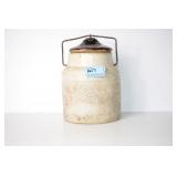 WHITE CROCK STORAGE JAR WITH BROWN LID AND BAIL