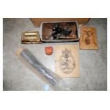 GROUPING: POWDER MEASURES, BURNT WOOD NAZI ART,