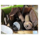 WOODEN BOX WITH SHOE LASTS, PARTS, ETC.