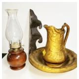 GROUPING: BOWL AND PITCHER, OIL LAMP, CORNER