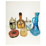 GROUPING: BEER STEINS, BOTTLES, ASHTRAY, ETC.