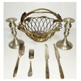 GROUPING: SILVER PLATE BASKET, FLATWARE, PEWTER