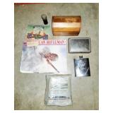 GROUPING: FRUIT SEEDER, VINTAGE POST CARDS, WOOD