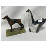 CRYSTAL LLAMA FIGURINE AND BRONZE DOG ON ONYX BASE
