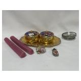 24K GP AND ENAMEL DRESSER BOXES ON TRAY - STERLING