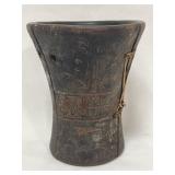 7" INCA COLONIAL  WOOD VASE - DECORATED - SPLIT