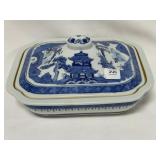BLUE AND WHITE CERAMIC COVERED DISH - MADE IN