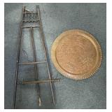 28" ENGRAVED COPPER TRAY WITH WOODEN EASEL