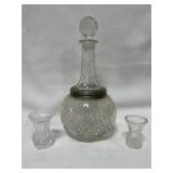 12" CRYSTAL DECANTER AND 2 TOOTHPICK HOLDERS