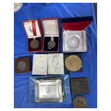 COLLECTION OF PAPERWEIGHTS, MEDALS, DESK TRAYS -
