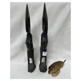 (2) 16" CARVED FIGURES AND A TAXIDERMY PIRAHNA