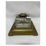 CRYSTAL INKWELL ON BRASS COVERED DESK STAND