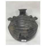 CHIMU CERAMIC FLASK - BLACK W/LION HEADS AND