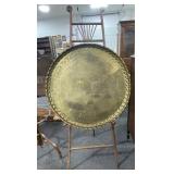 30" DIAMETER BRASS ENGRAVED TRAY AND WOOD EASEL