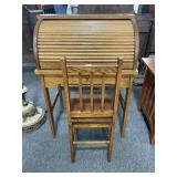 CHILDS OAK ROLL TOP DESK AND CHAIR