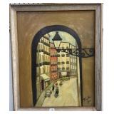 STREET SCENE THRU WINDOW - BY TOULA 1962 - OIL ON