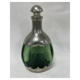 GREEN GLASS BOTTLE WITH PEWTER OVERLAY -