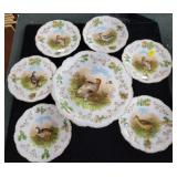 7 PC BIRD DESSERT PLATES AND CAKE PLATE.