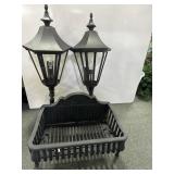 2 OUTDOOR LIGHTS (NO GLASS) AND CAST IRON COAL .