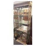 IRON AND MARBLE CURIO SHLEF WITH GLASS SHELVES.
