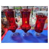 3 RED AND CLEAR GLASS VASES