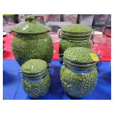 GREEN CERAMIC CANISTERS AND COOKIE JAR