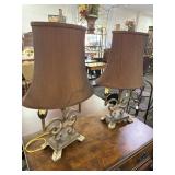 PAIR WROUGHT IRON TABLE LAMPS WITH SHADES..