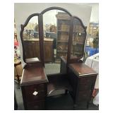 DEPRESSION ERA MAHOGANY TRIPLE MIRROR VANITY.