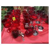 RED GLASS CORDIALS, SALTS, WATER GLASSES, AND