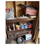 WOOD SHELF AND CONTENTS: HAND SAWS, FASTENERS,