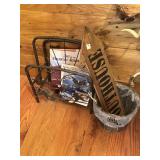 MAGAZINE RACK, BOOKS, OUTHOUSE SIGN, ETC.