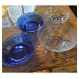 4 GLASS BOWLS: 2 COBALT BLUE, 2 CRYSTAL