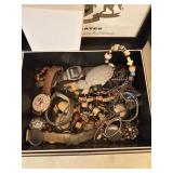 JEWELRY BOX WITH COSTUME JEWELRY AND WATCHES